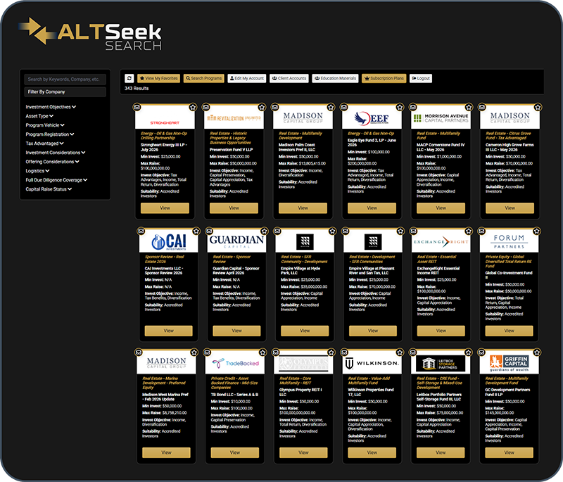 The ALTSeek Search platform, showing investment programs filtered by objective, asset type, and structure, each card listing minimum investment, investment objective, and suitability